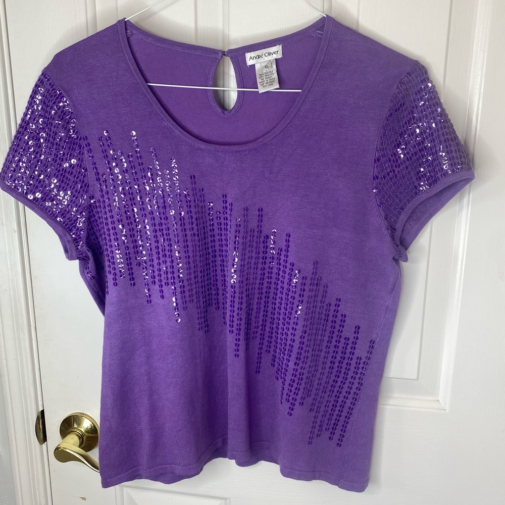 Andre Oliver Purple Sequin Lightweight Sweater Top Tunic XL
